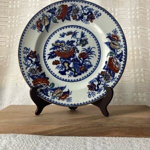 Wedgwood Bullfinch flow blue polychrome plate, 10”